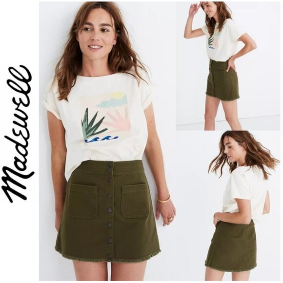Madewell Dresses & Skirts - Madewell Kale Green Stretch Raw Hem  Button Fly A-Line Mini Skirt Plus Size 14